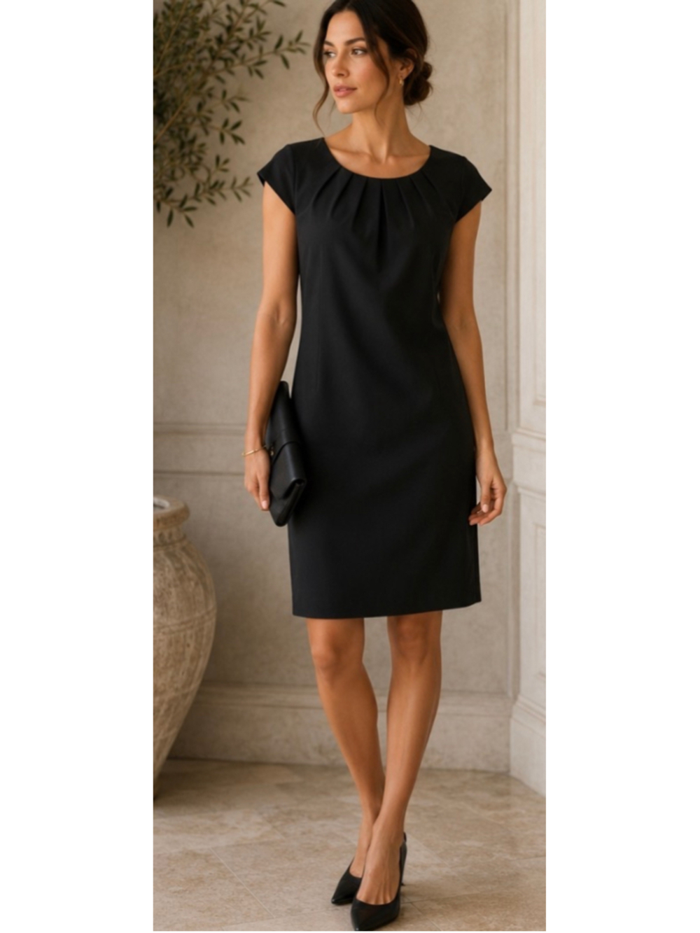 Women's Black Pleated Neck Sheath Dress Size 10 Neiman Marcus